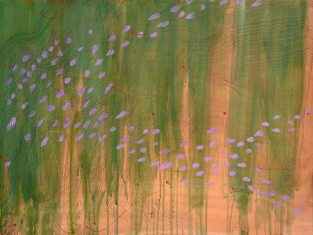 Flowing green mauve and red